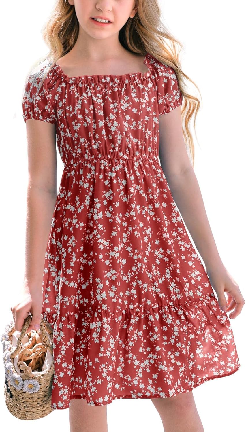 Girls Summer Dress Floral Square Neck Puff Sleeve A-Line Midi