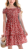 Girls Midi Dress with Floral Square Neck and Elegant Puff Sleeves