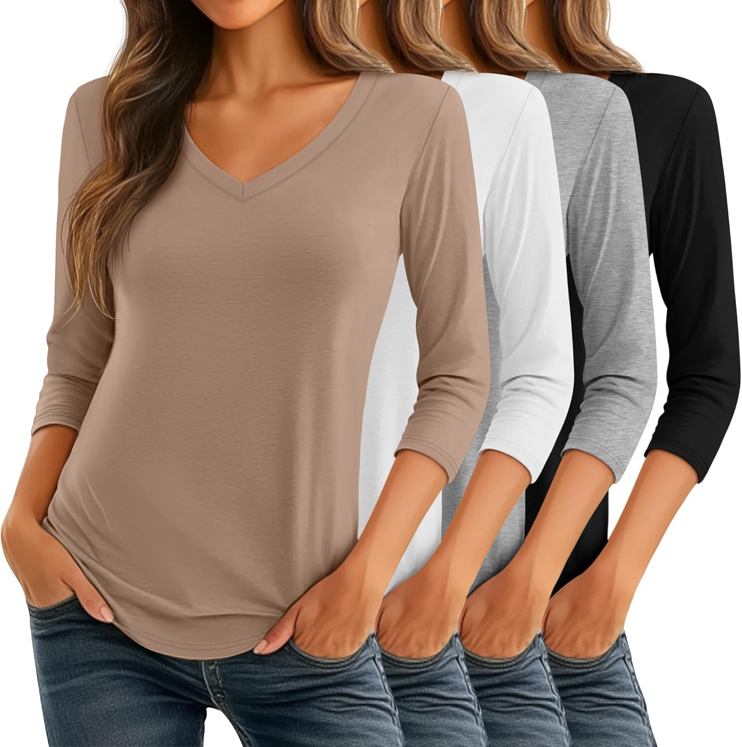 Ficerd Women's 3/4 Sleeve V Neck Casual Tunic Tops - 4 Pack