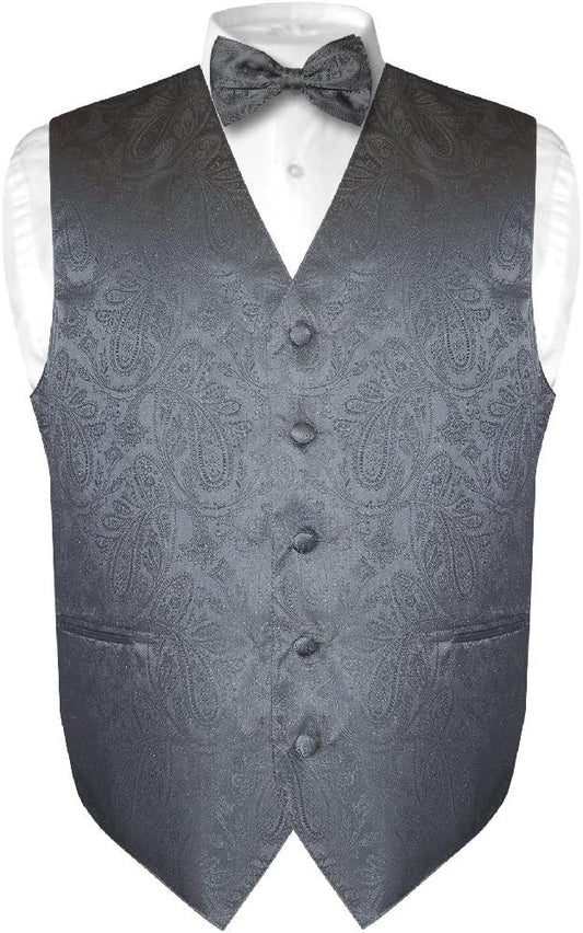 Vesuvio Napoli Men's Paisley Dress Vest & Bow Tie Set in Charcoal