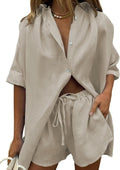 Women's 2 Piece Summer Button Down Top and Shorts Set - Casual Chic