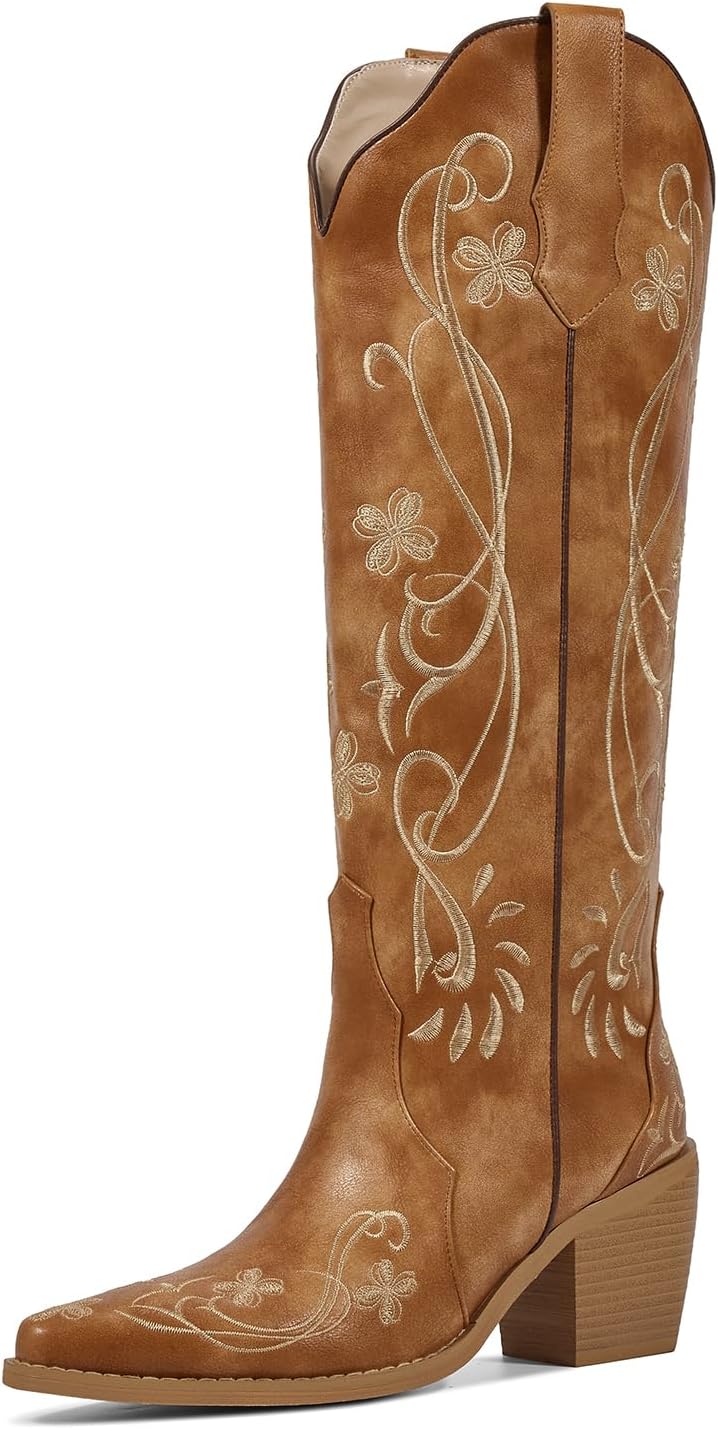 Stylish Knee High Cowgirl Boots with Floral Embroidery for Women