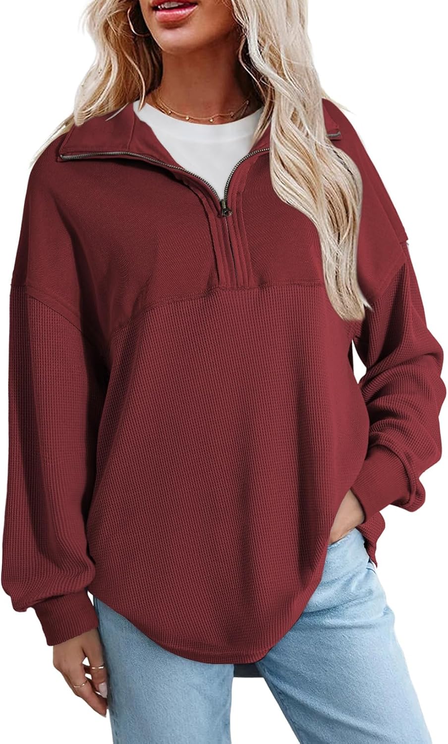 SHEWIN Womens Fall Sweatshirt Casual Waffle Knit Half Zip Pullover