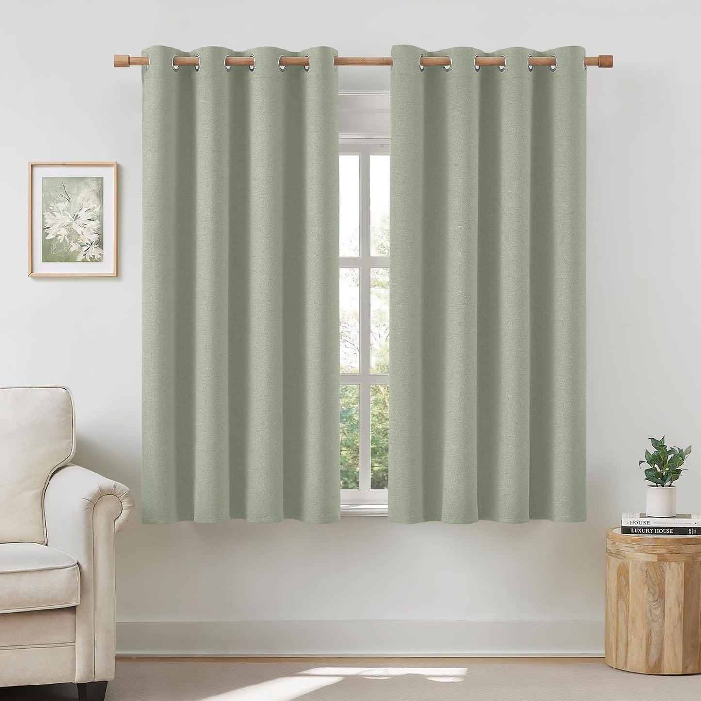 100% Sage Green Linen Blackout Curtains for Bedroom 52 x 63 in
