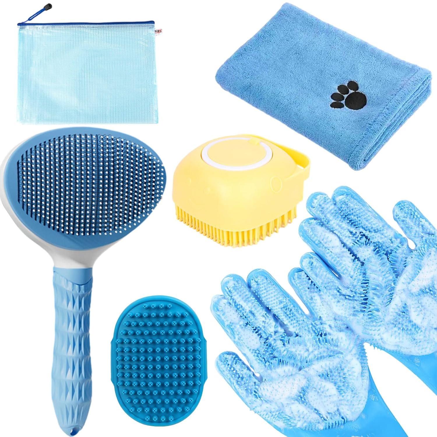 Bath Grooming Kit for Dogs & Cats - 6-in-1 Slicker Brush