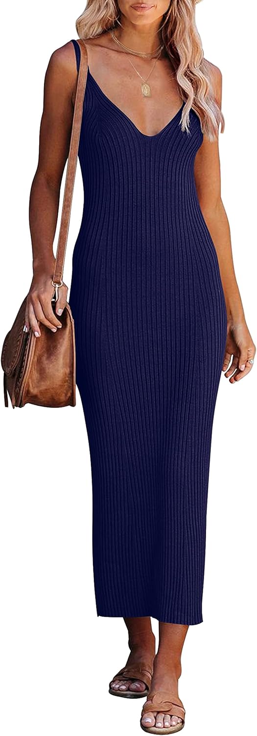 Stylish MEROKEETY Womens V Neck Knit Midi Dress for Summer Fun