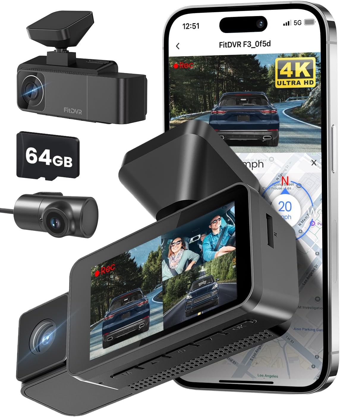 4K 3 Channel Dash Cam with Night Vision and Built-in GPS