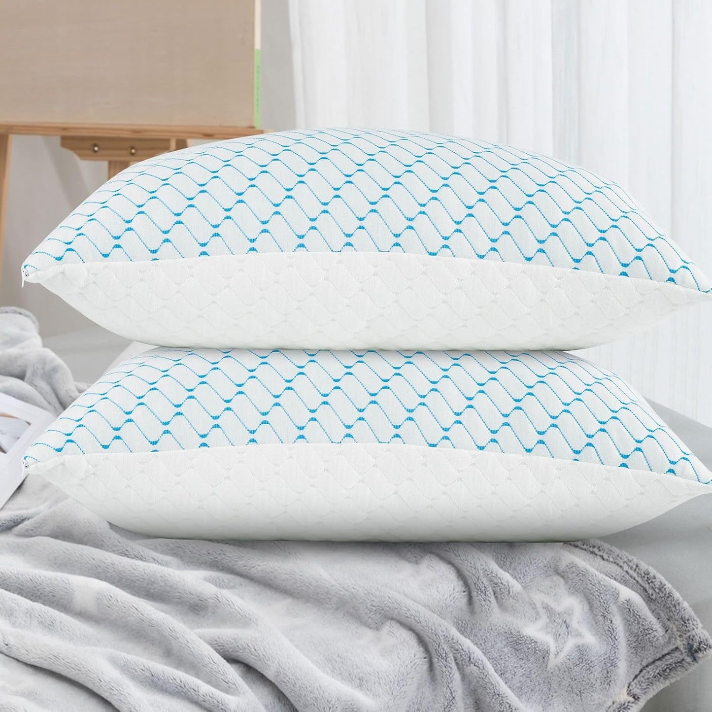 Memory Foam Pillows Set of 2 for All Sleepers with Cooling Cover