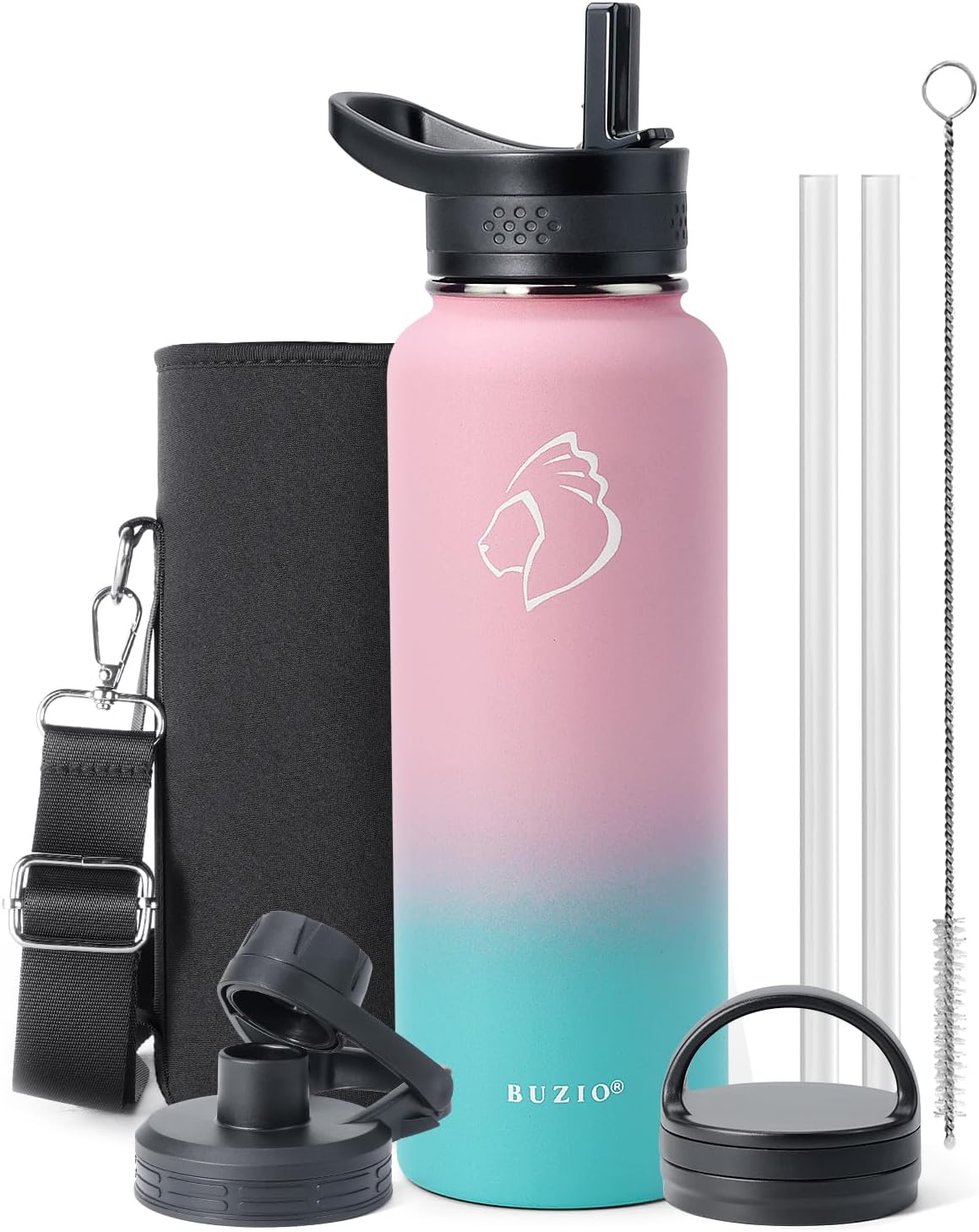 BUZIO 40 oz Insulated Water Bottle with Straw & 3 Lids
