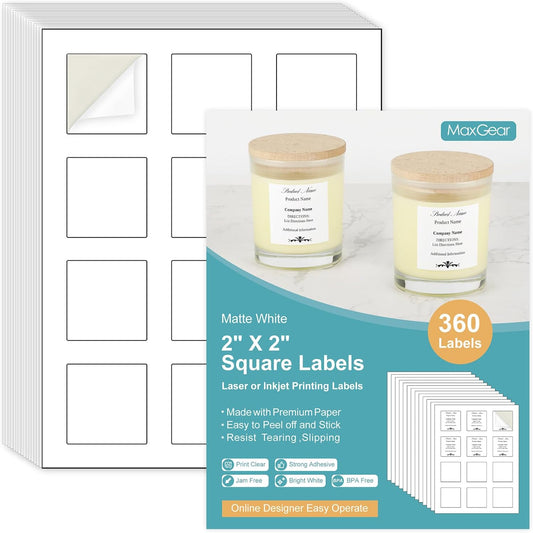 MaxGear Square Labels - Inkjet/Laser Printable, Strong Adhesive, Quick-Dry - 360 Pcs