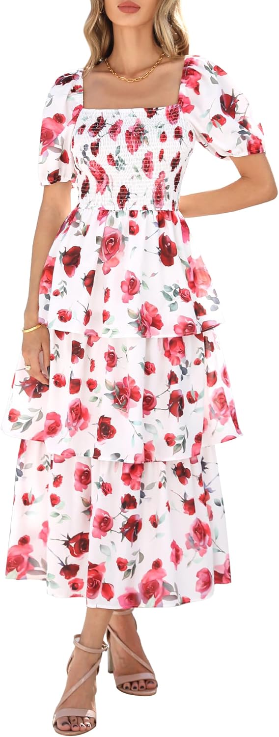 BTFBM Womens Square Neck Smocked Dress for Summer Events