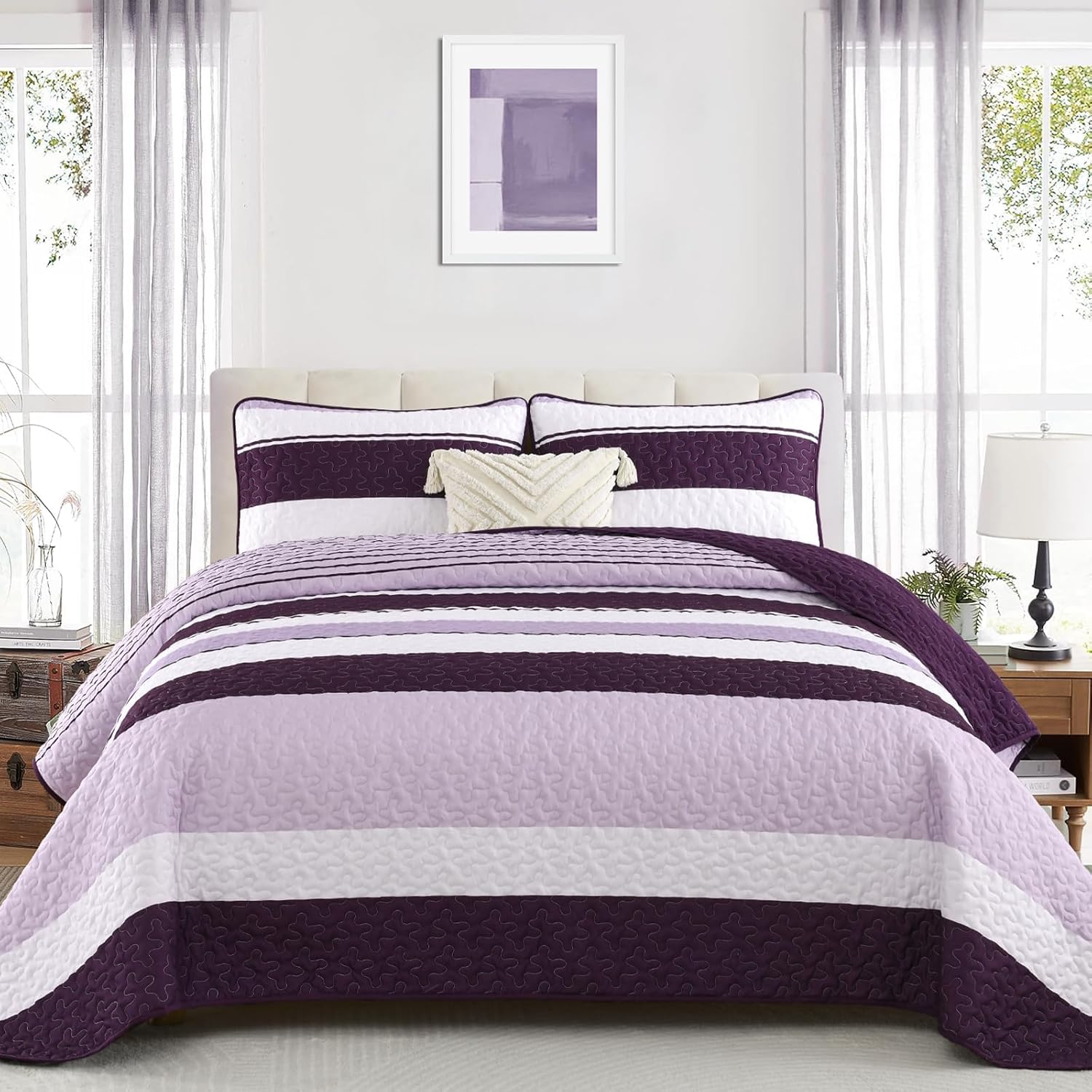 Purple Boho Quilt Set Queen for Modern Farmhouse Decor