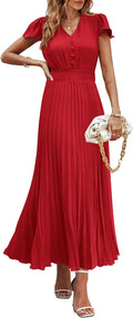 Women's Maxi Dress V Neck Pleated Cap Sleeve - Flowy Summer Fit