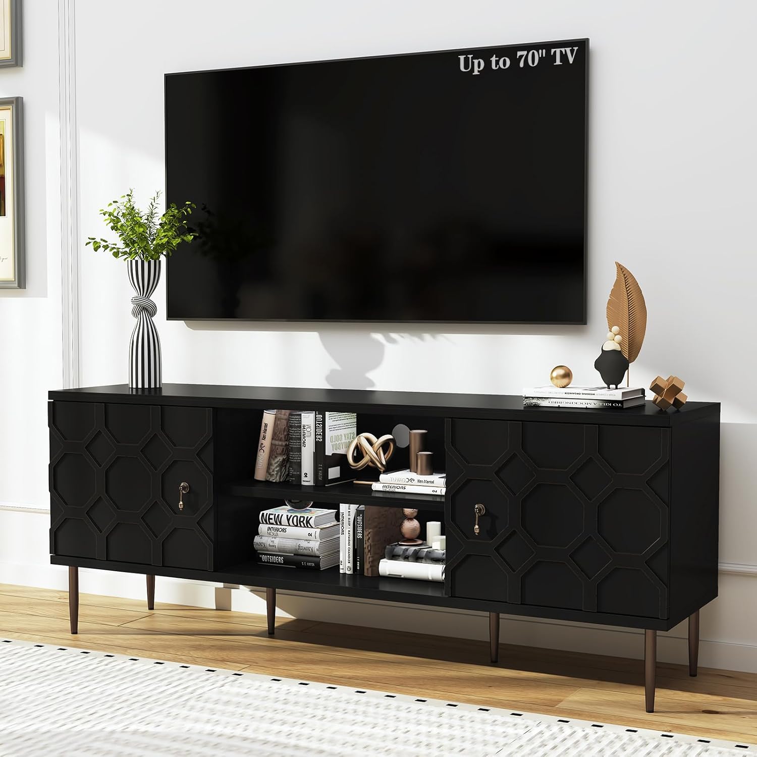 Embossed Black TV Stand: Sleek Storage & Style