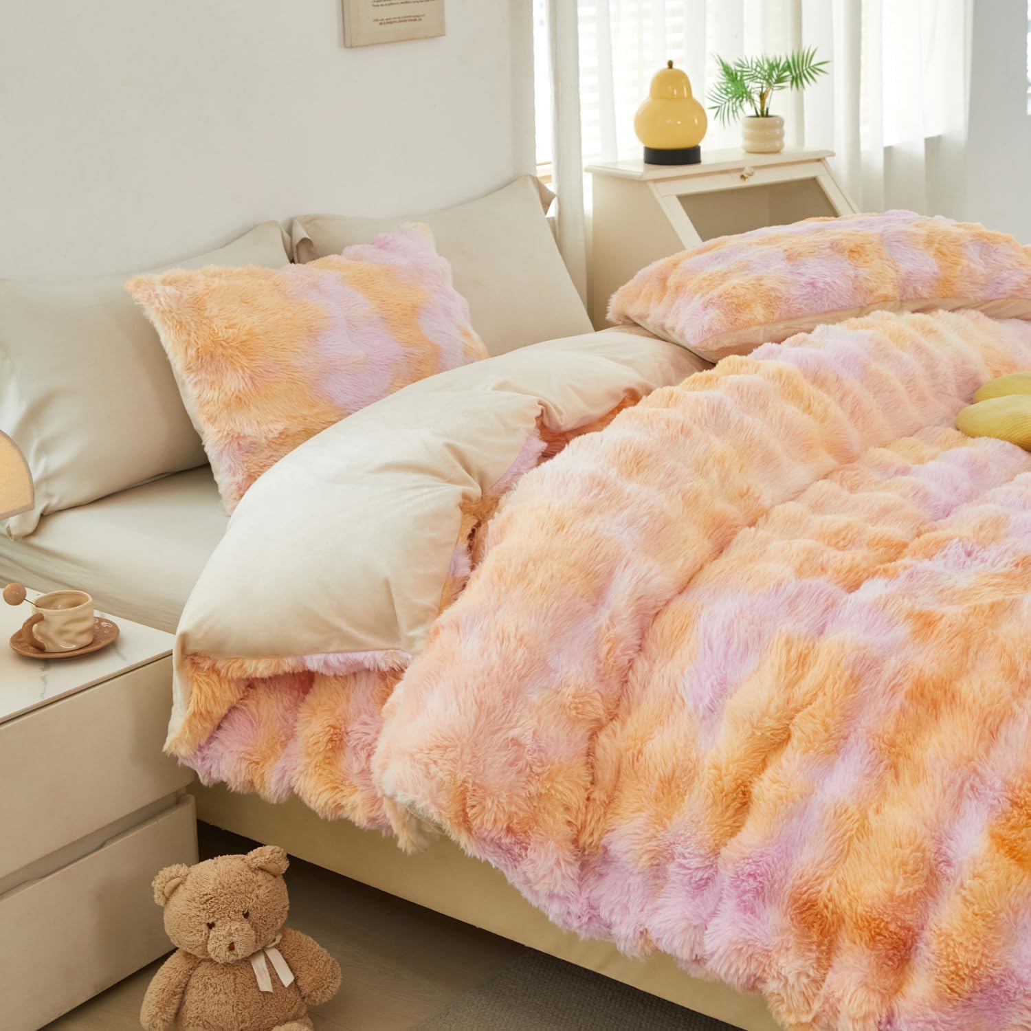 SUCSES Plush Fur Duvet Cover Set for Girls - Twin Size Comforter