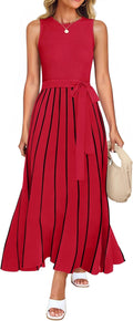 ZESICA Sleeveless Midi Tie Waist Dress - Flattering Summer Knit