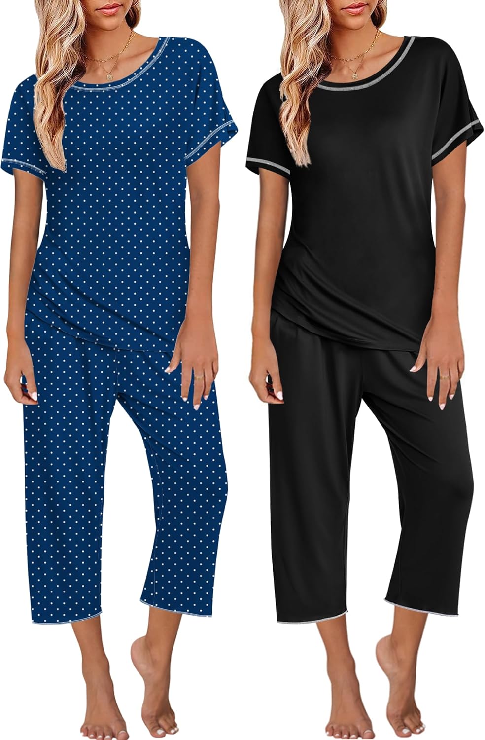 Ekouaer 2 Pack Womens Pajamas Short Sleeve Sleepwear Set