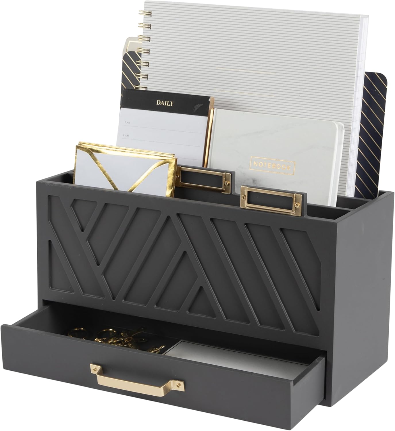 Grey Desktop Mail Organizer with Gold Label Holders for Office