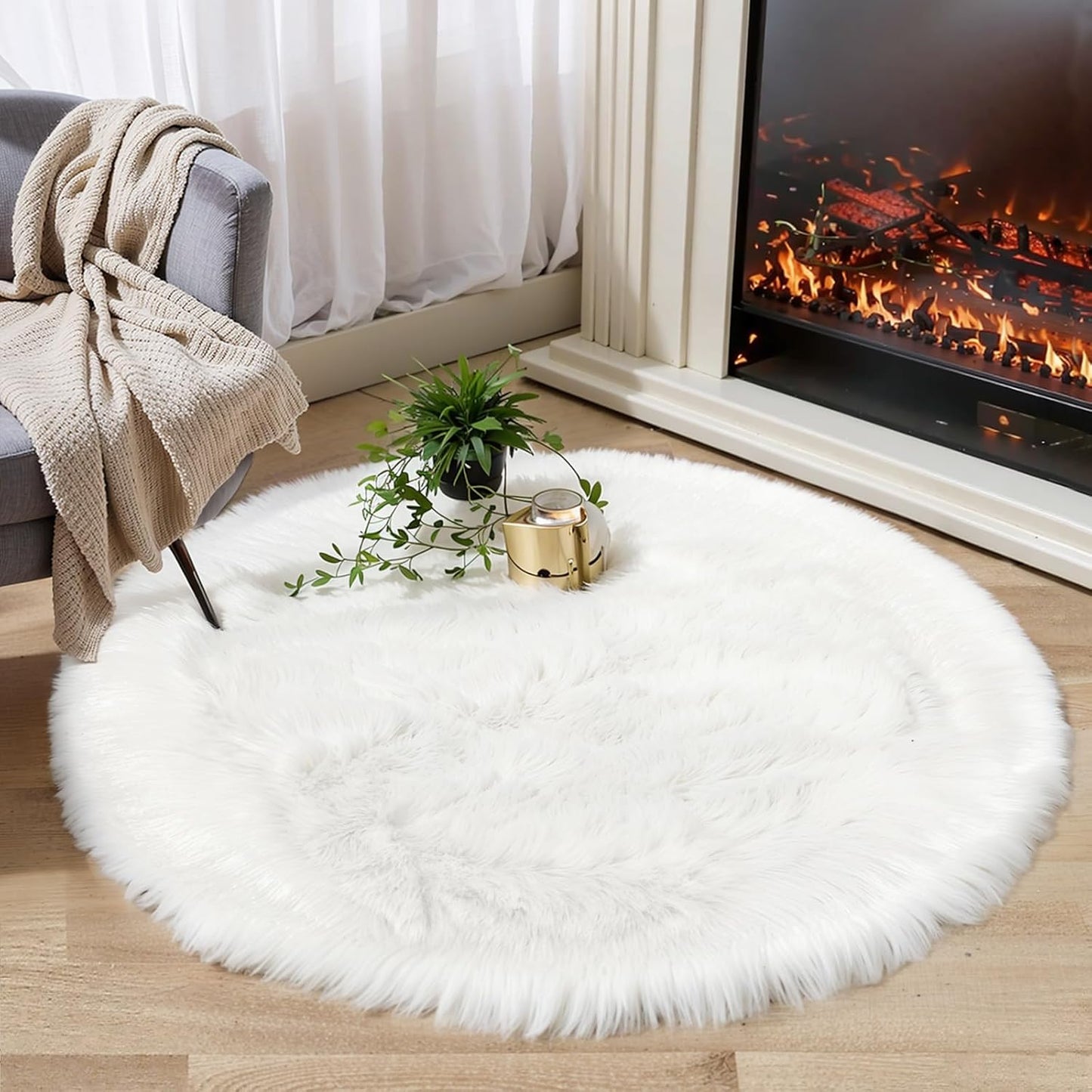 White Fluffy Round Fur Area Rug for Bedroom and Nursery Decor