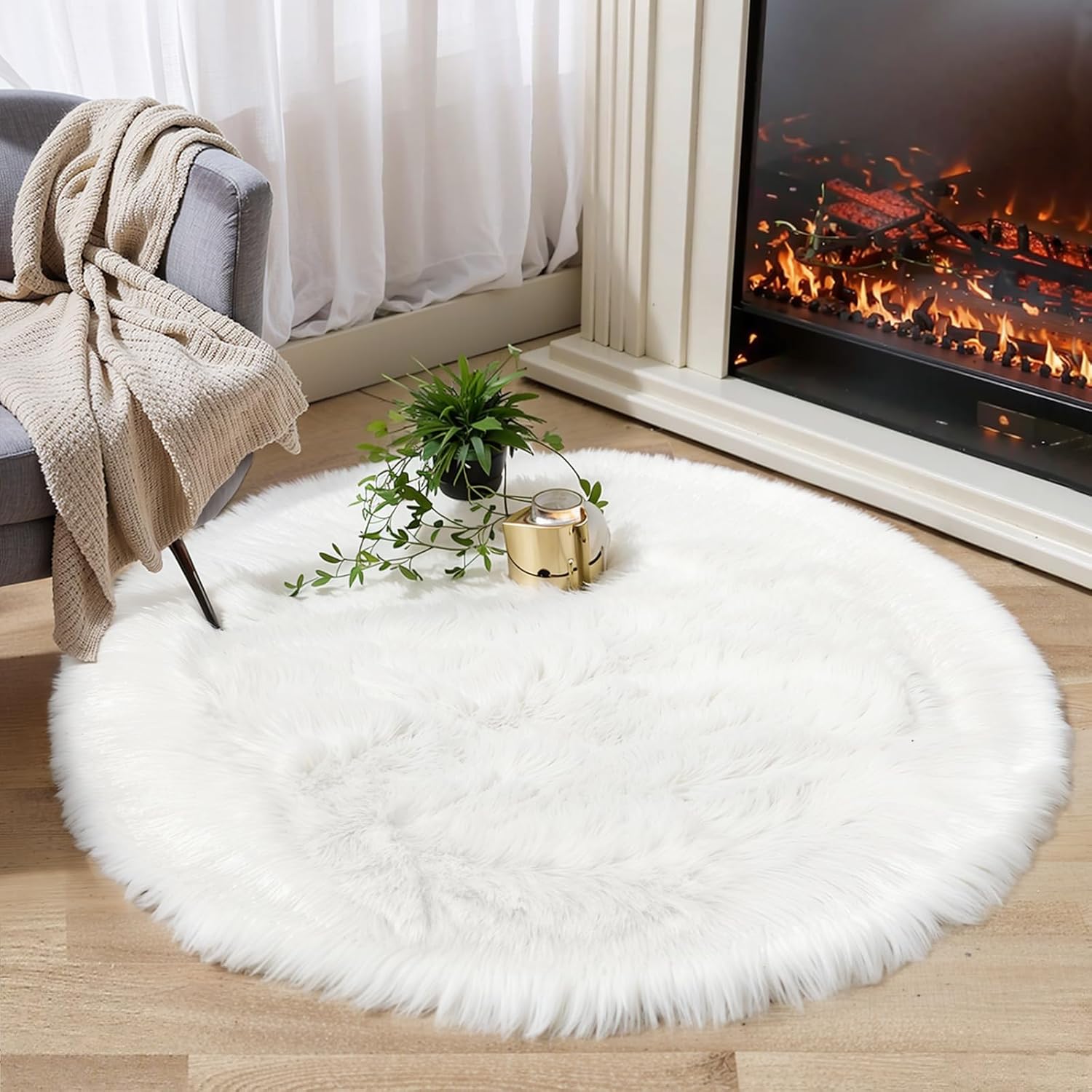 White Fluffy Round Fur Area Rug for Bedroom and Nursery Decor