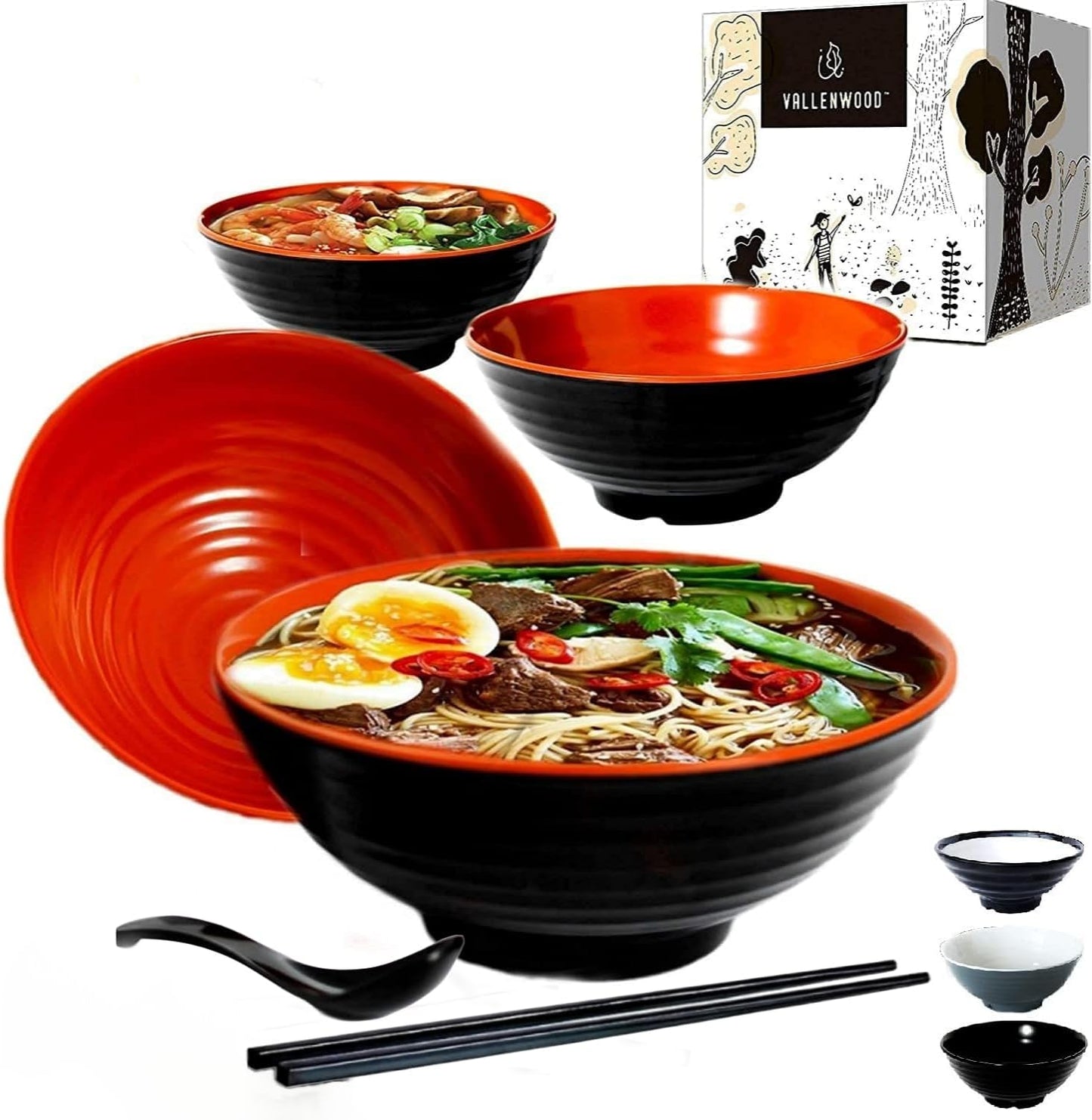 4 Ramen Bowls Set with Spoons and Chopsticks for Asian Cuisine