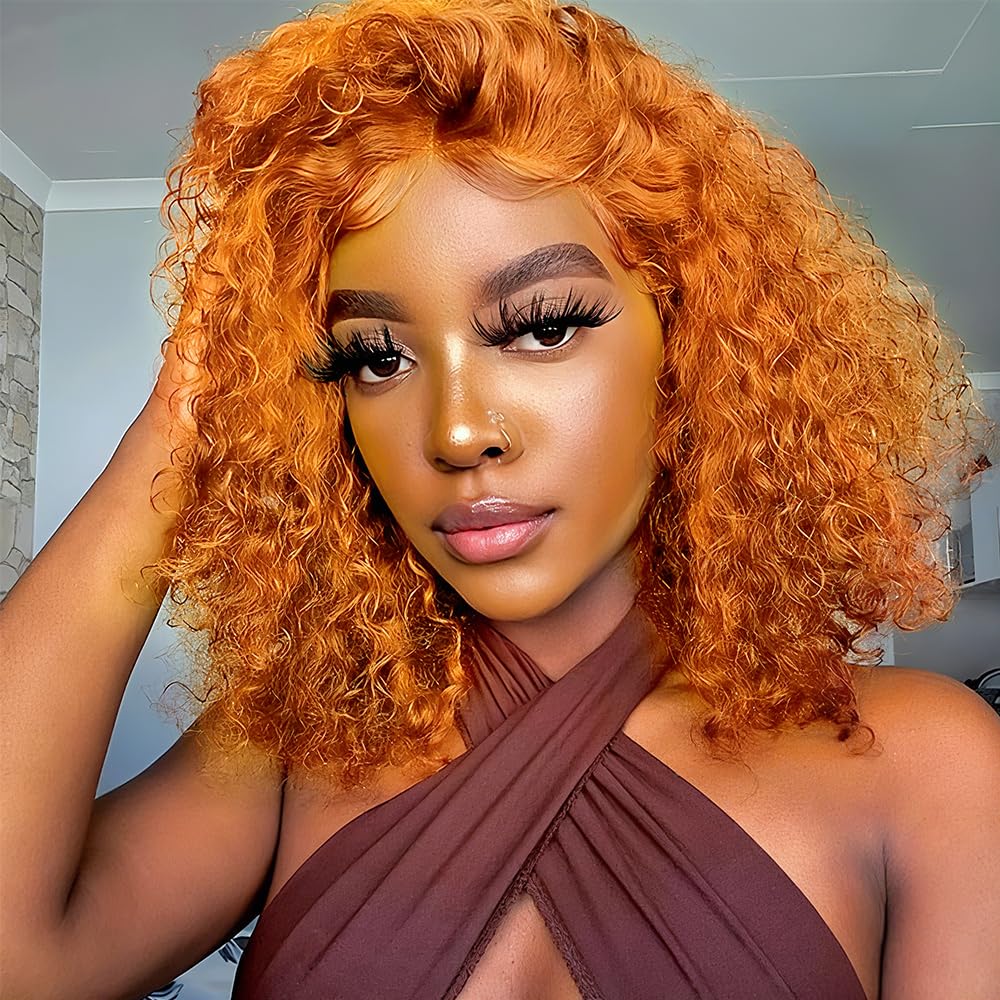 14 Inch Ginger Curly Bob Wig 200% Density HD Lace Front Wigs