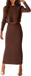 Women's Rib Knit 2 Piece Sweater Set - Cozy Crop Top & Maxi Skirt