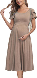 Maternity Ruffle Short Sleeve High Waisted Midi Dress for Women