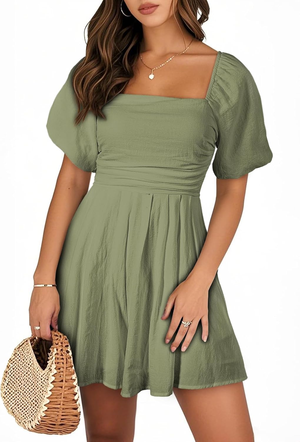 AlvaQ Womens Summer Cute Puff Sleeve Elastic Square Neck Romper
