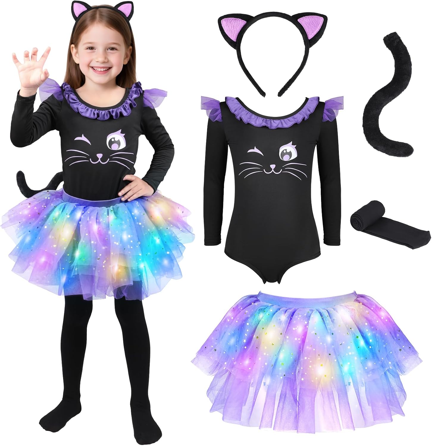 Light Up Black Cat Costume for Girls - Perfect for Halloween Fun