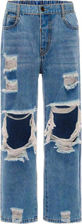 Girls Ripped Wide Leg Jeans - Comfortable Washed Denim for Teens