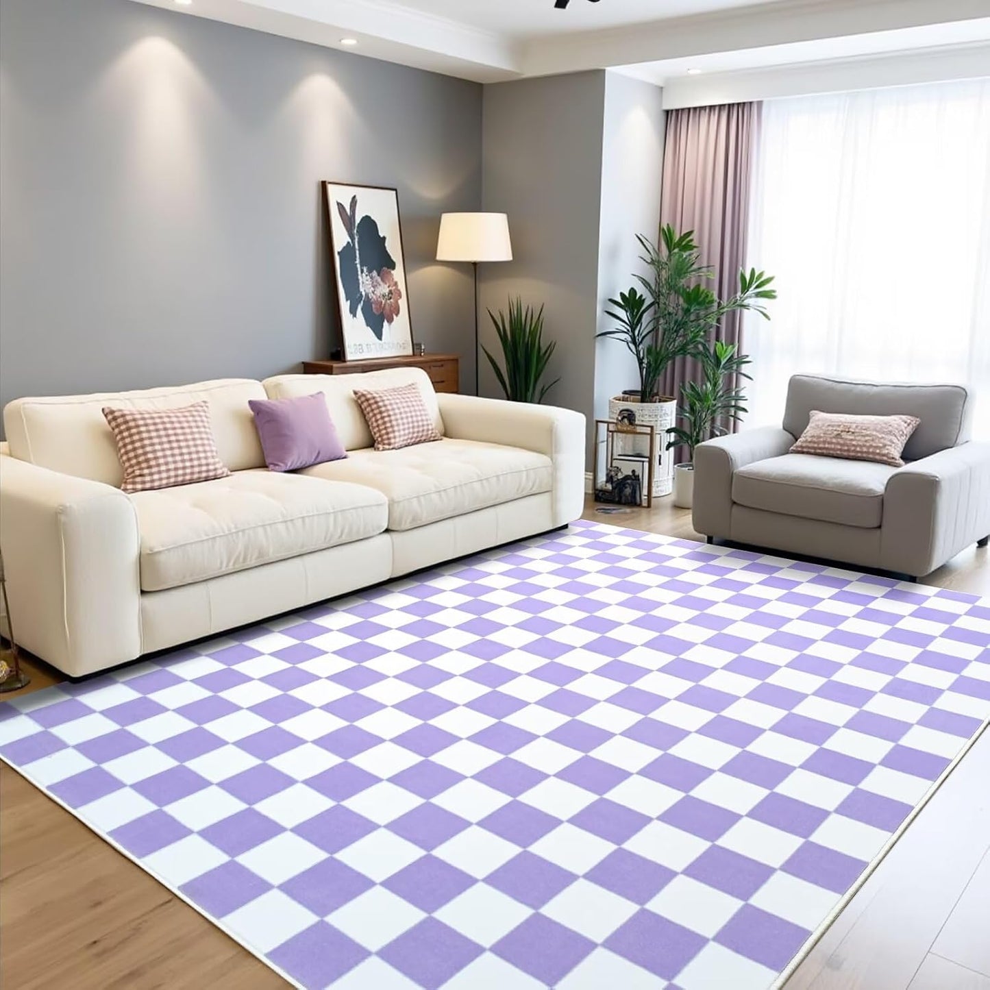 Terrug Purple and White Checkered Rug for Living Room 6x9