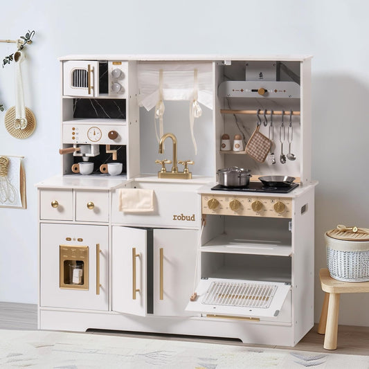 ROBUD Wooden Play Kitchen Set for Kids with Coffee Machine