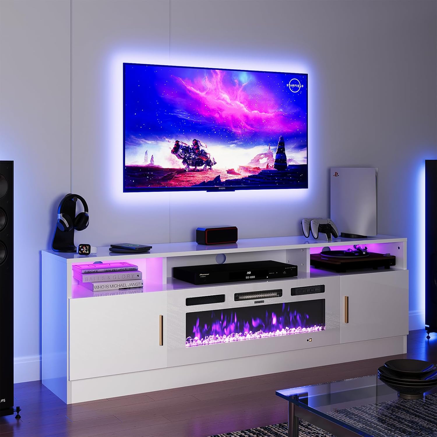 oneinmil 70 Electric Fireplace TV Stand: Stylish Storage & LED Lights