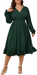Women's Plus Size Fall Dress Long Sleeve V Neck Smocked Style