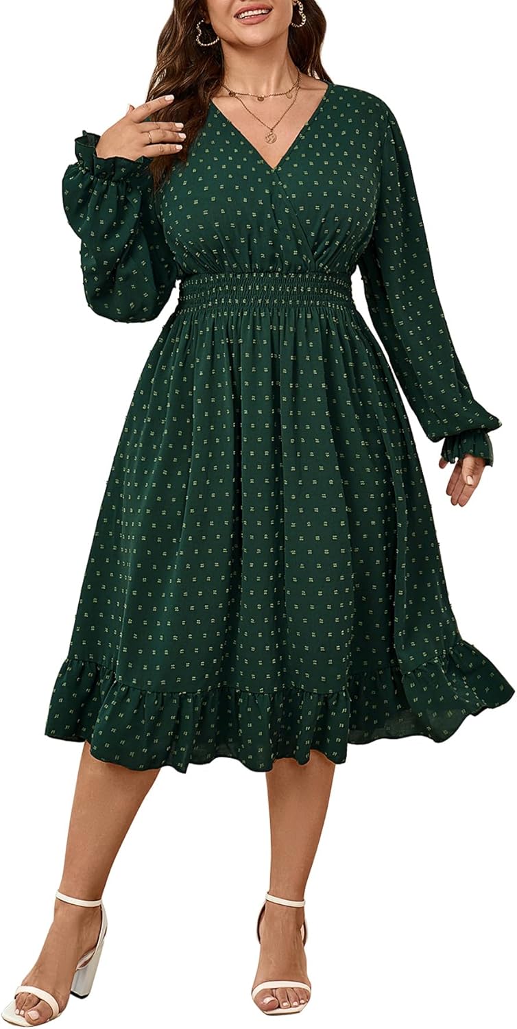 Women's Plus Size Fall Dress Long Sleeve V Neck Smocked Style