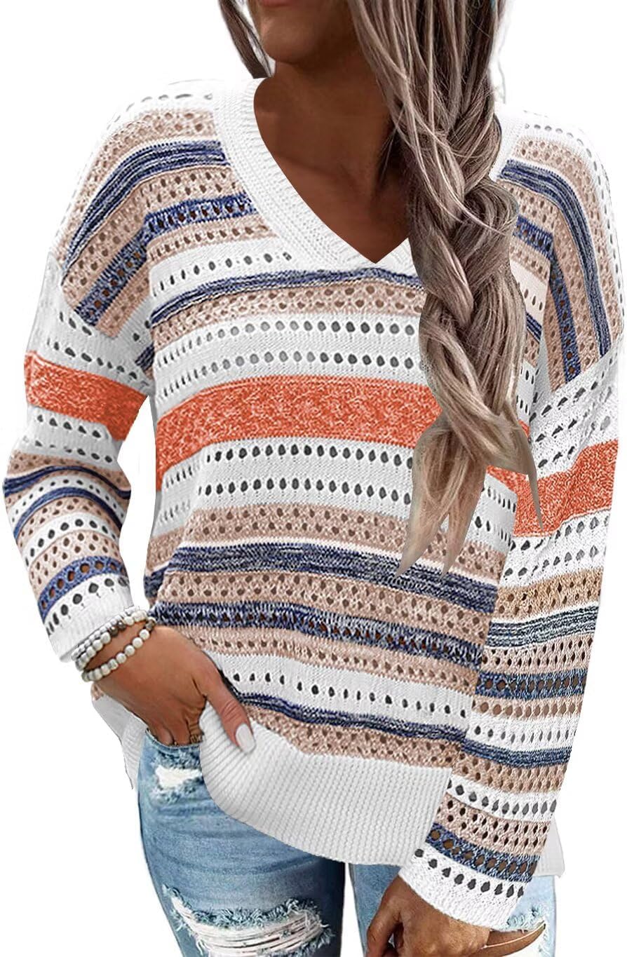 FEKOAFE Women's Striped Color Block V Neck Knit Sweater Pullover