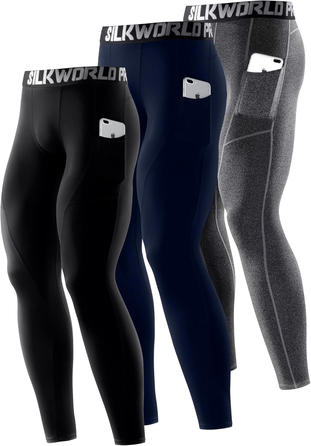 SILKWORLD Men's Compression Pants with Pockets for Gym and Sports
