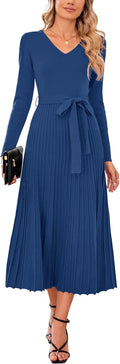 Wool Blend Tie Waist Pleated Fall Sweater Dress - Flattering Fit seams