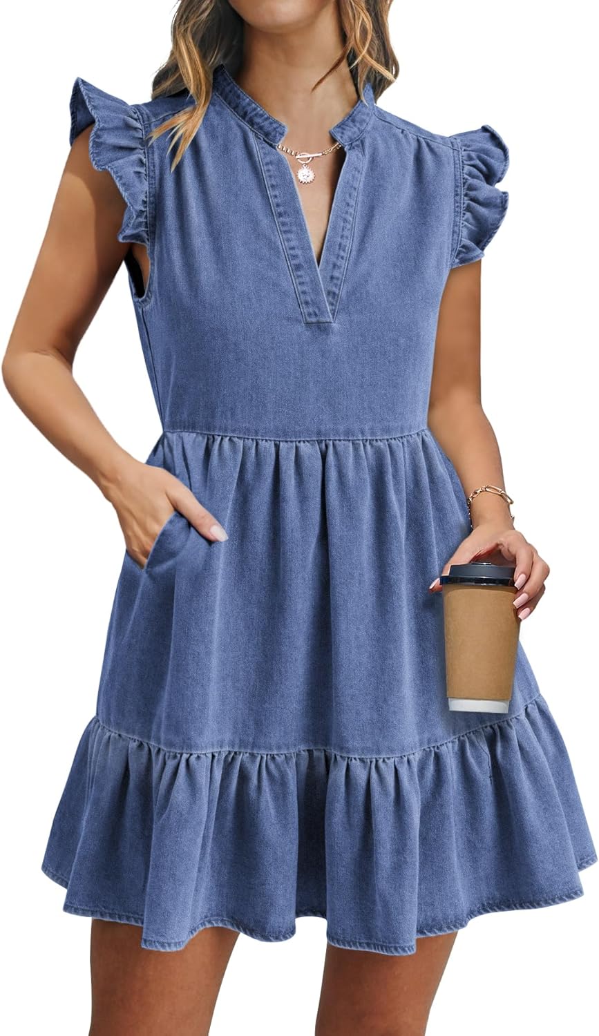 Denim Dress for Women with Ruffle Sleeves and Pockets