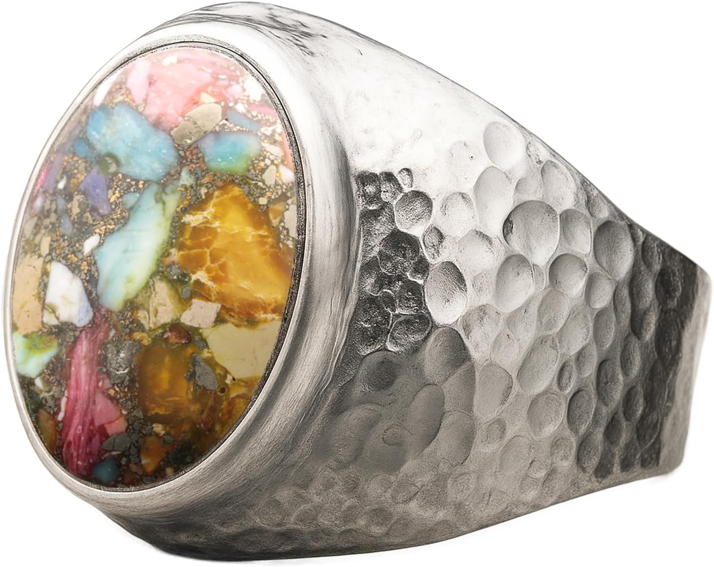 Natural Aventurine Crystal Ring for Men in Hammered Silver