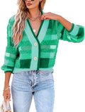 Womens Plaid Fuzzy Knit Cardigan V Neck Button Down - Cozy Fit