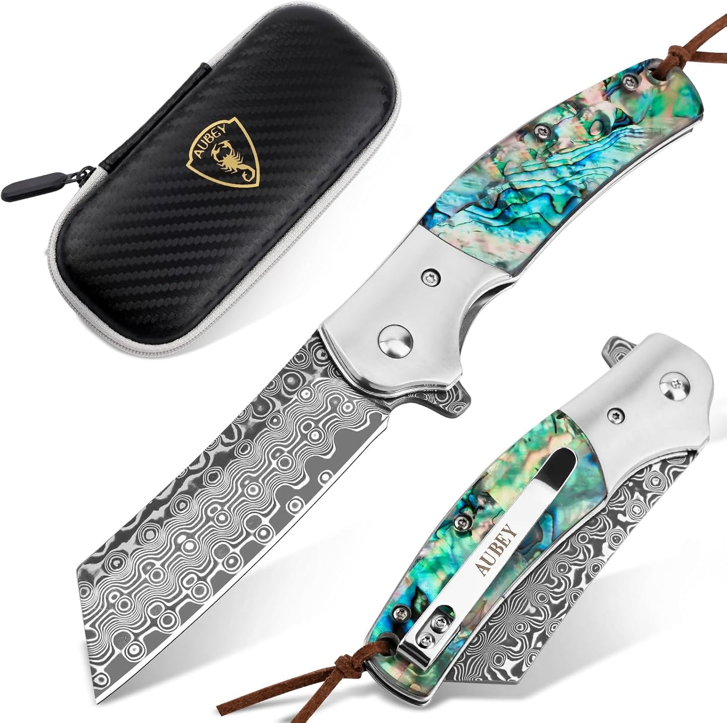 AUBEY Damascus Pocket Knife with Abalone Shell Handle for EDC