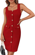 Stylish Women's Buttons Belted Square Neck Business Work Dress