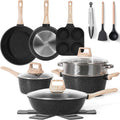 17 Pcs Pots and Pans Set Non Stick Cookware - Complete Black Granite