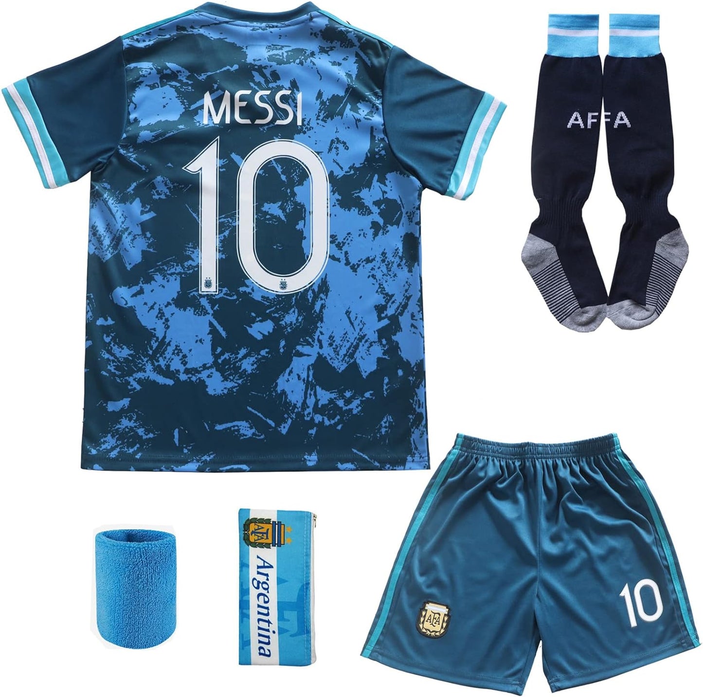 2021 Argentina Away Copa-American #10 Kids Soccer Jersey Set