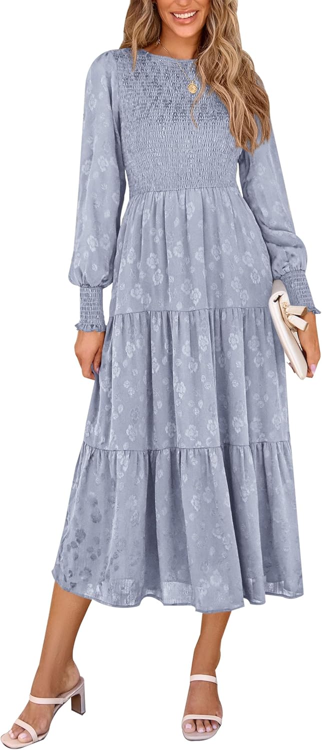PRETTYGARDEN Women's Long Sleeve Floral Midi Dress with Pockets