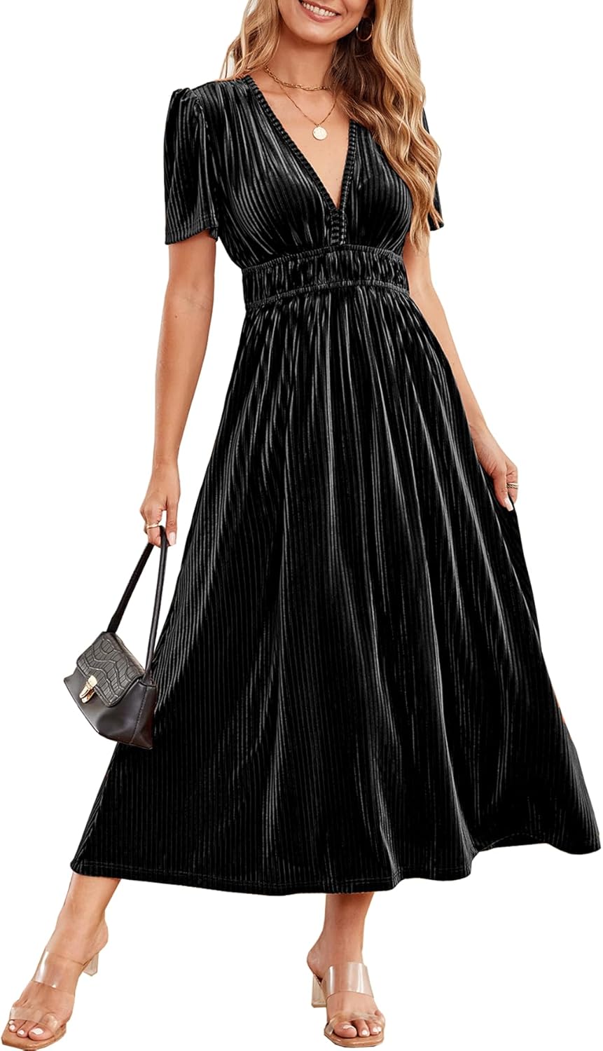 Sissyaki Women's Retro V-Neck Velvet Maxi Dress for Weddings