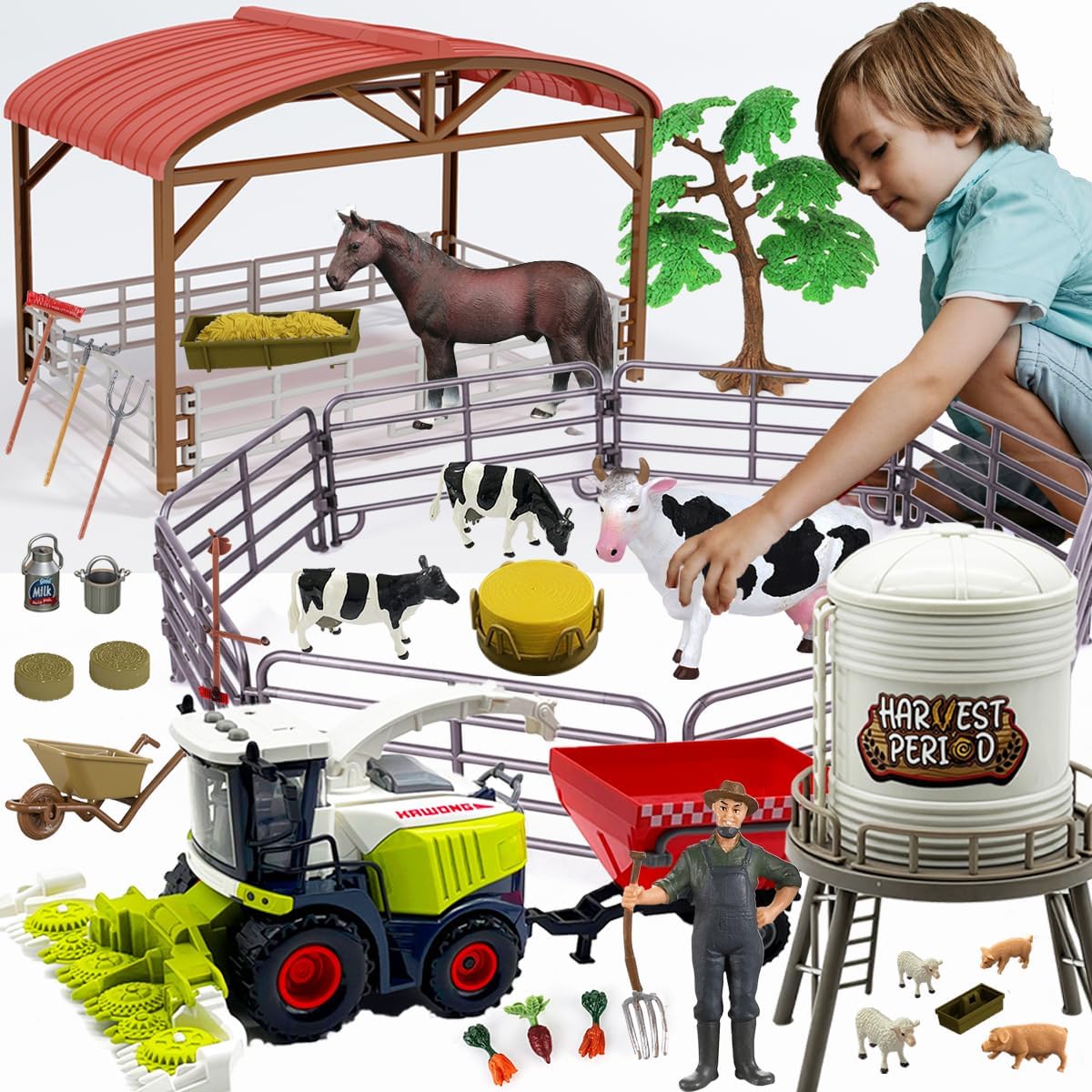 Farm Animals Toys Set with Barn, Tractor, and Figures for Kids