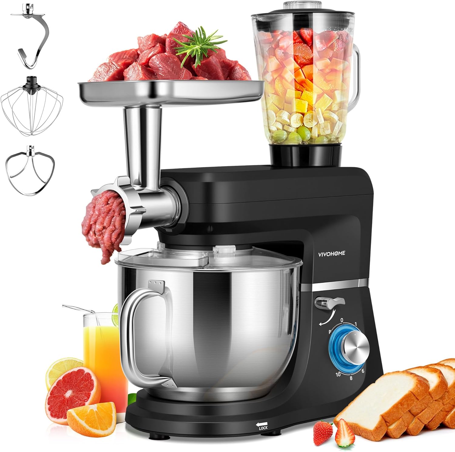 VIVOHOME 6-in-1 Stand Mixer - 8.5Qt Stainless Bowl, 660W, Multifunctional